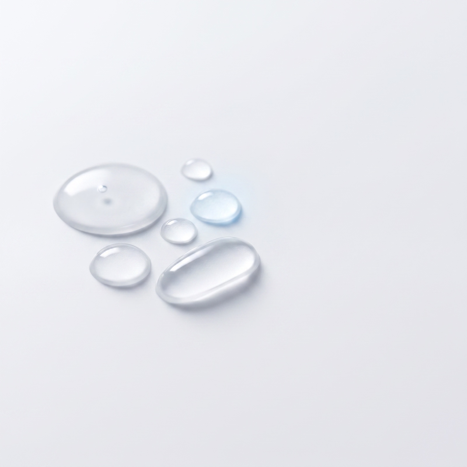Gotas de sérum cosmético transparentes y frías sobre una superficie blanca mate — la fórmula de AXIOMA, sin retoque ni promesa
