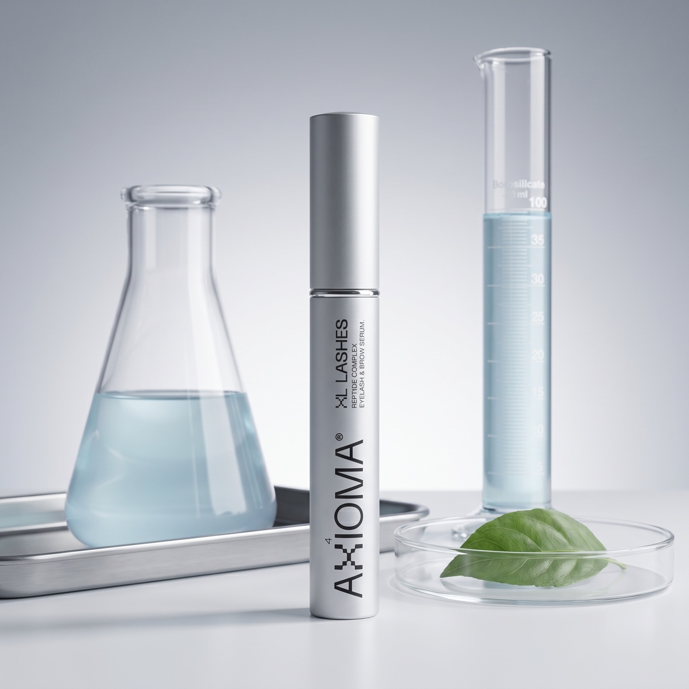 Sérum XL Lashes de AXIOMA, protagonista de un set de laboratorio biotech hiper-real: frasco plata al frente junto a un matraz Erlenmeyer abierto con la solución de péptidos en proceso, una probeta graduada con el sérum y una hoja botánica en placa Petri que representa el origen natural de los activos, paleta fría