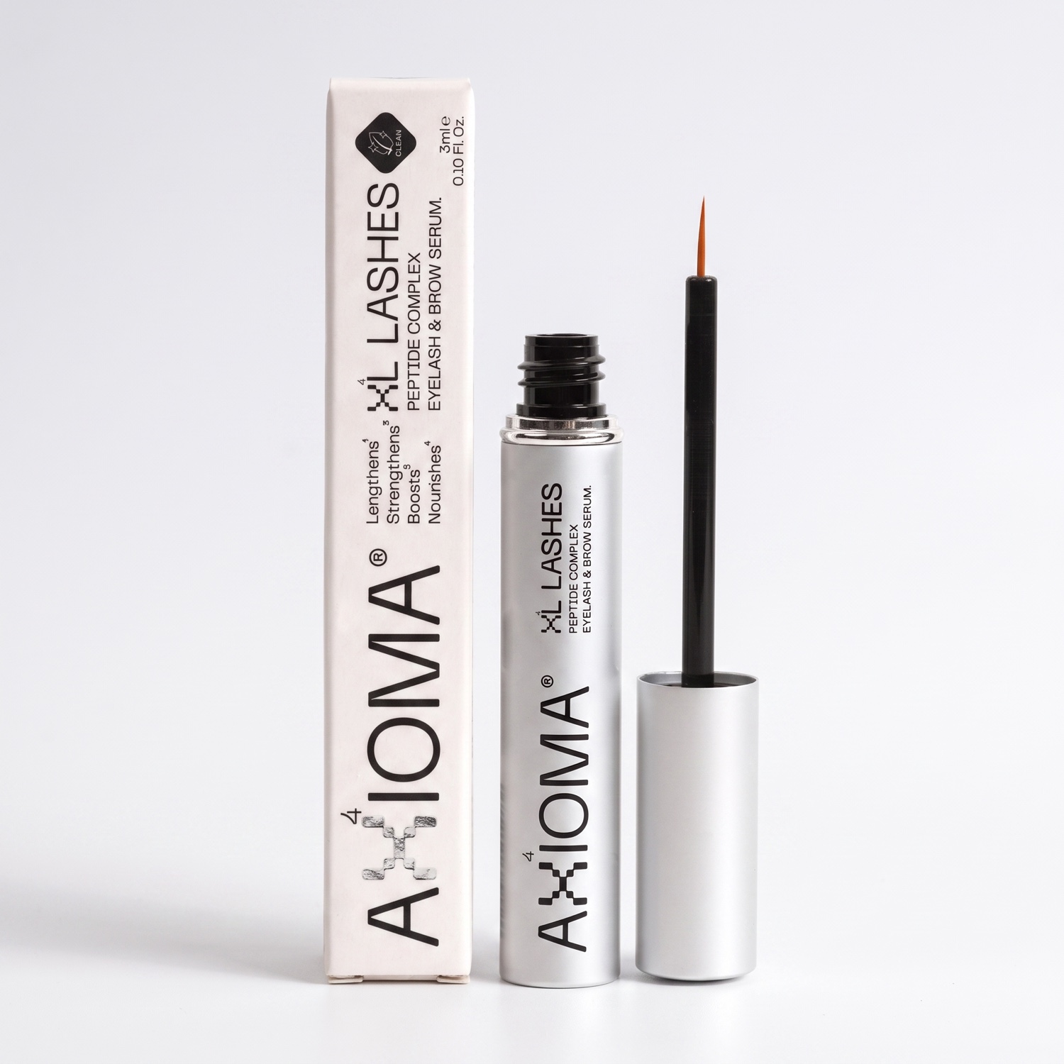 Empaque AXIOMA XL Lashes: caja, tubo y aplicador de péptidos para pestañas y cejas, sobre fondo blanco de estudio