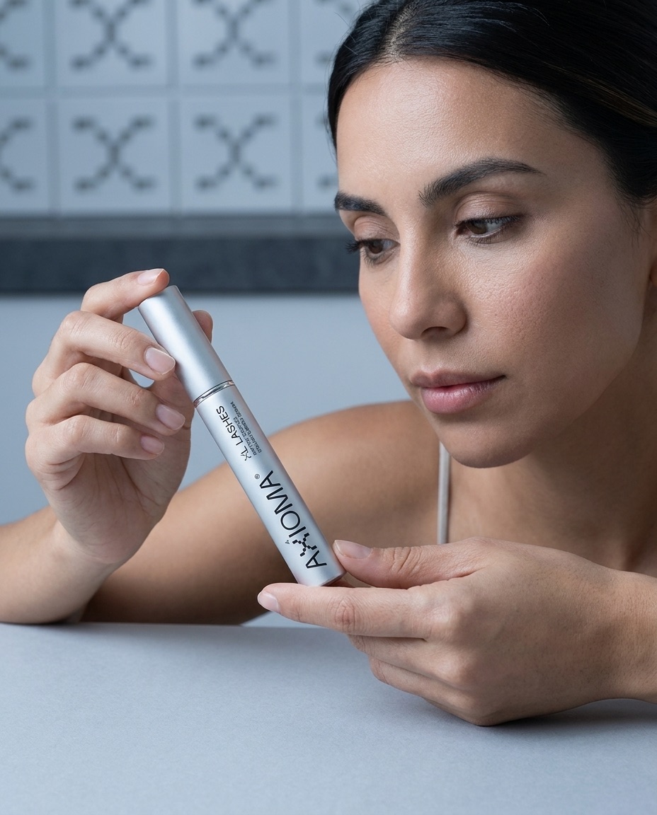 Una mujer lee con calma la etiqueta del tubo de AXIOMA XL Lashes que está eligiendo, en un estudio frío y limpio.