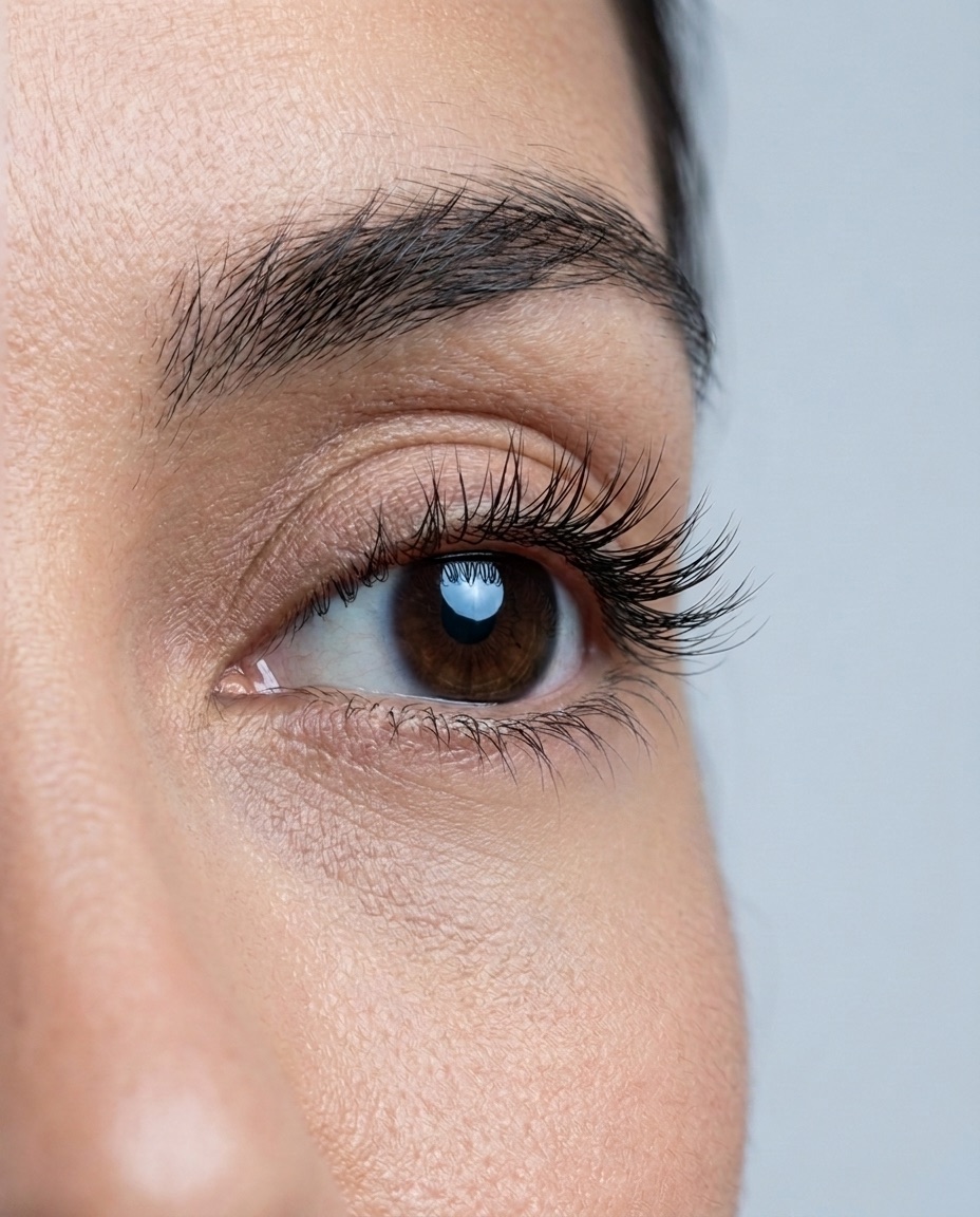 Macro honesto de las pestañas y cejas reales de una mujer tal como son, con textura de piel visible y sin retoque.