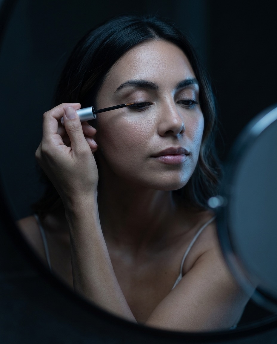Una mujer aplica XL Lashes con el aplicador a lo largo de la línea de las pestañas por la noche — un ritual nocturno tranquilo.