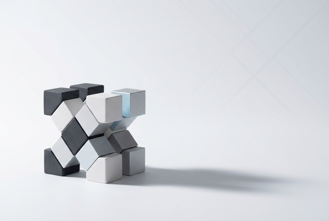 Escultura modular en forma de X de bloques mate charcoal y blanco sobre fondo blanco — el sistema de formulación de AXIOMA